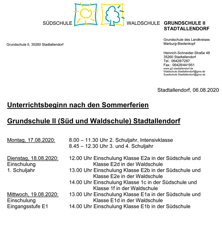 Schulanfang 2020 Homepage